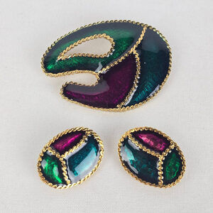 Vintage Purple & Green Enamel Brooch & Clip On Earrings